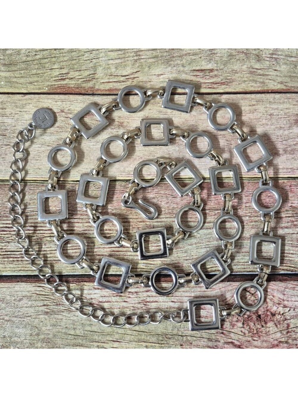 Liz Claiborne Y2K Silver Tone Chain Belt Geometric Links Hip Belt Retro Adjusts